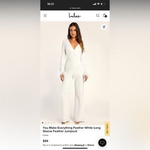 NWT Lulu’s You Make Everything Feather White Long Sleeve Feather Jumpsuit